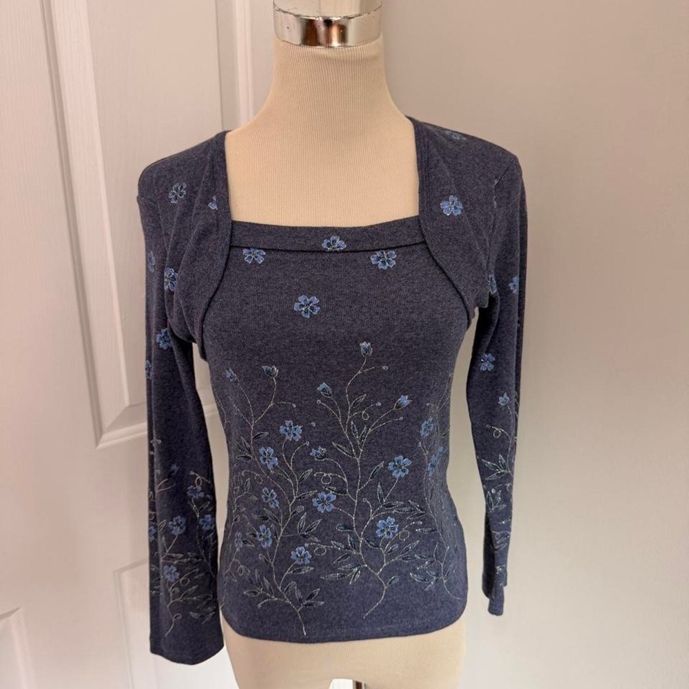 VINTAGE BLUE BONKERS CLOTHING CO. FLORAL PRINT SQUARE NECK SHRUG TOP